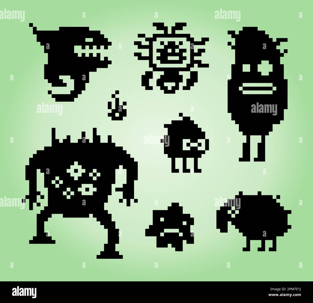 Doodles 8-bit pixel monster, illustration of pixel art vector. Cute creature doodle set. Stock Vector