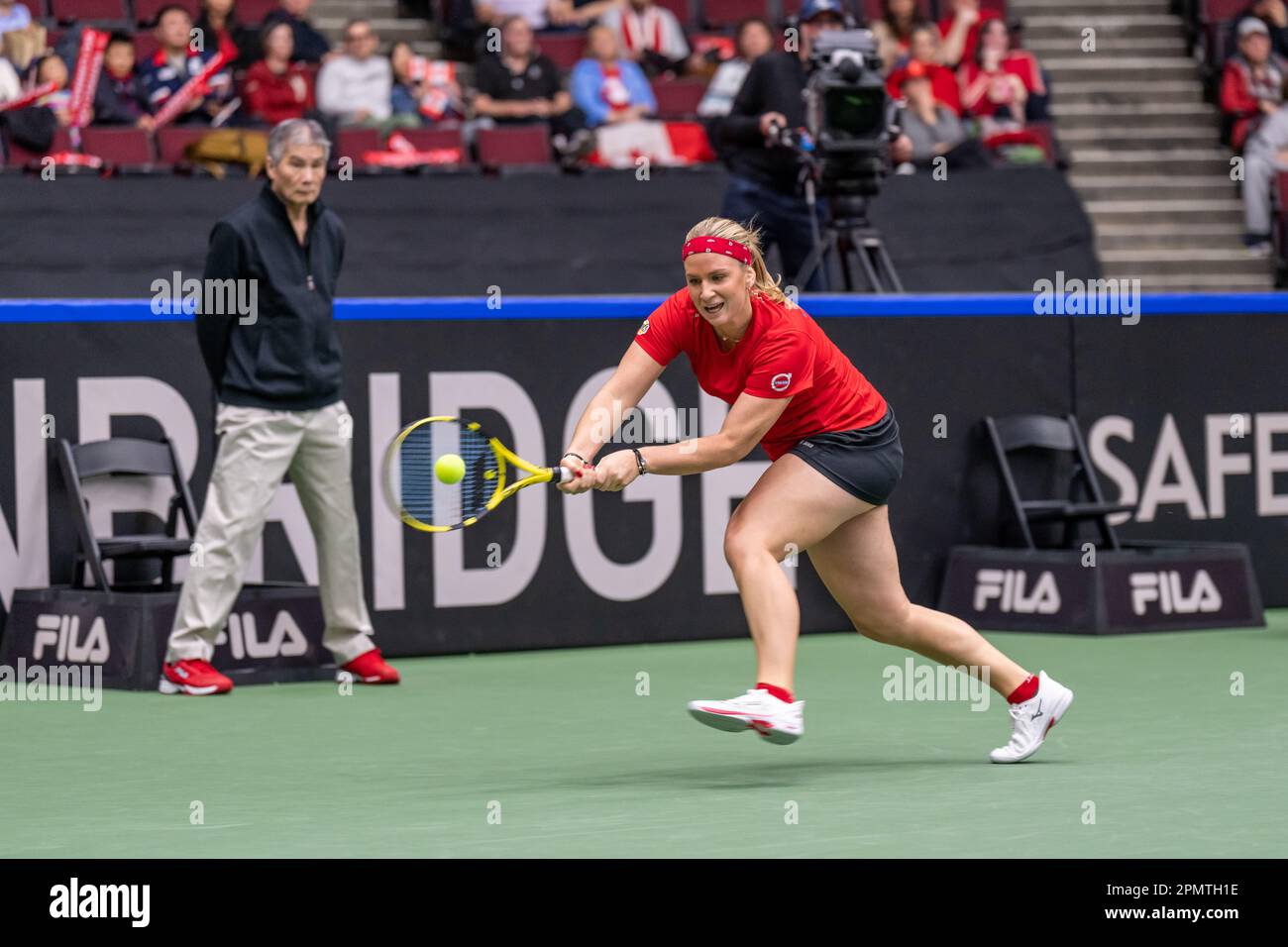 Vancouver, Canada. 14th April, 2023. Ysaline Bonaventure of Belgium in action against Rebecca Marino of Canada during the Billie Jean King Cup at Pacific Coliseum. Credit: Joe Ng/Alamy Live News Stock Photo