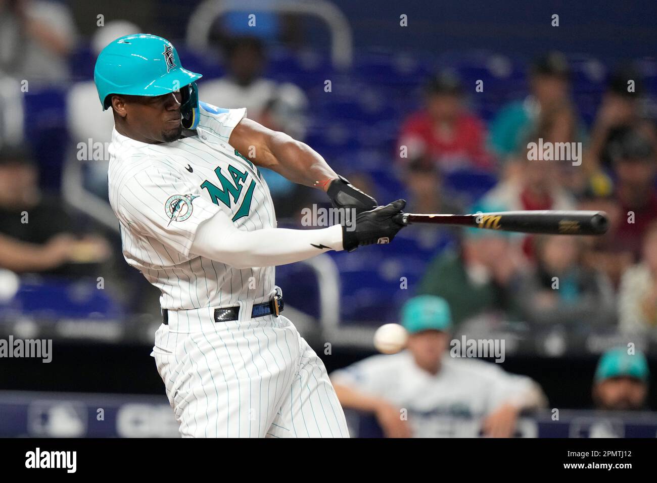 Miami Marlins' Jorge Soler bats during the ninth inning in the second  baseball game of a doubleheader against the Cleveland Guardians, Saturday,  April 22, 2023, in Cleveland. (AP Photo/Nick Cammett Stock Photo 