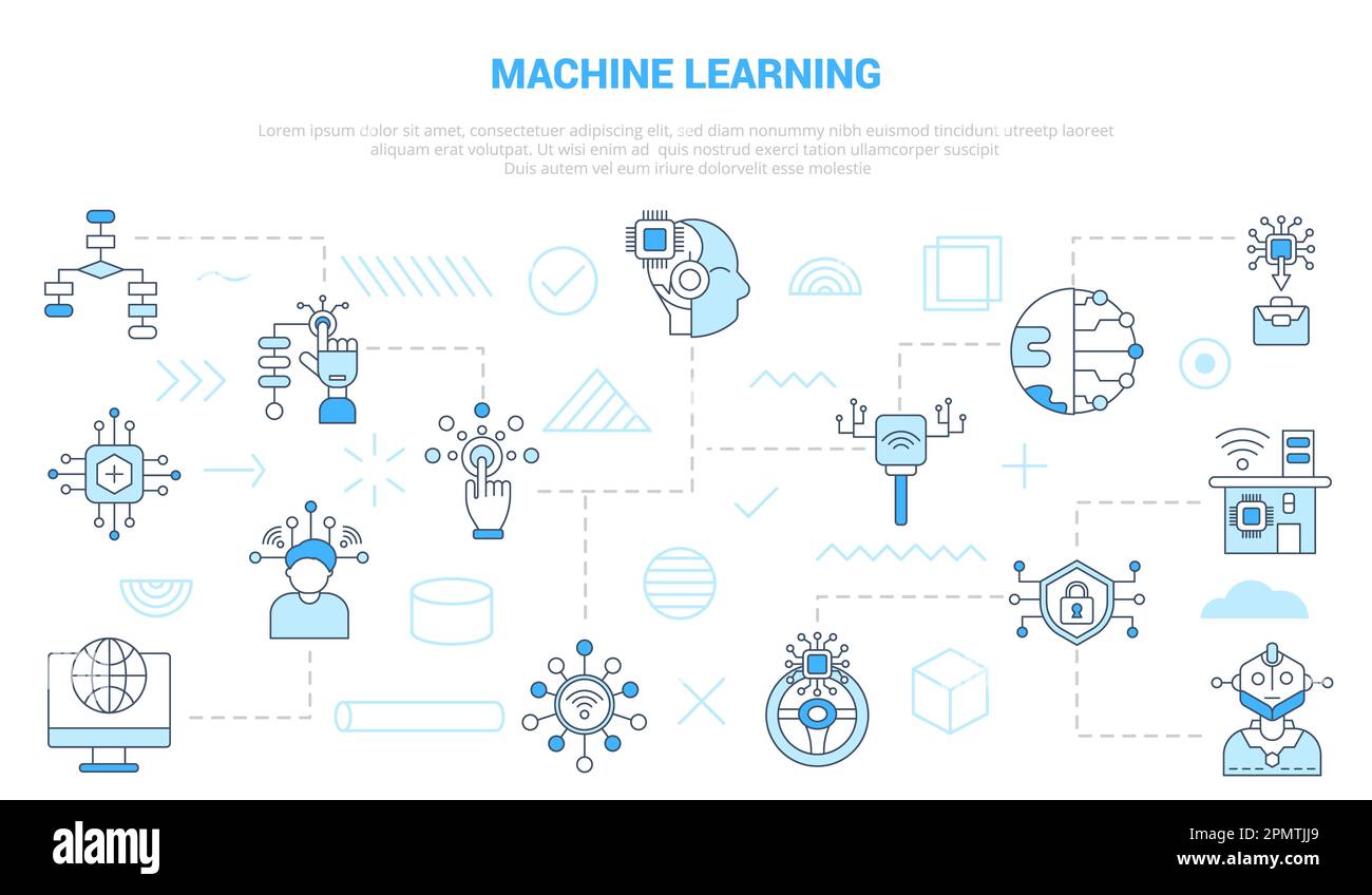 machine learning concept with icon set template banner with modern blue color style vector Stock Photo