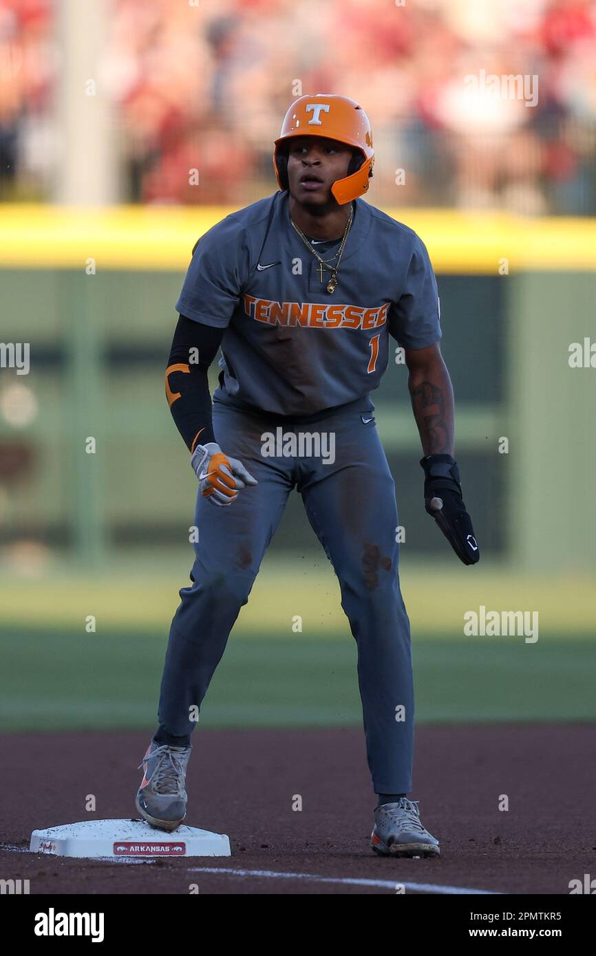 April 14, 2023 Christian Moore #1 of Tennessee glances into the dugout after safely reaching third base