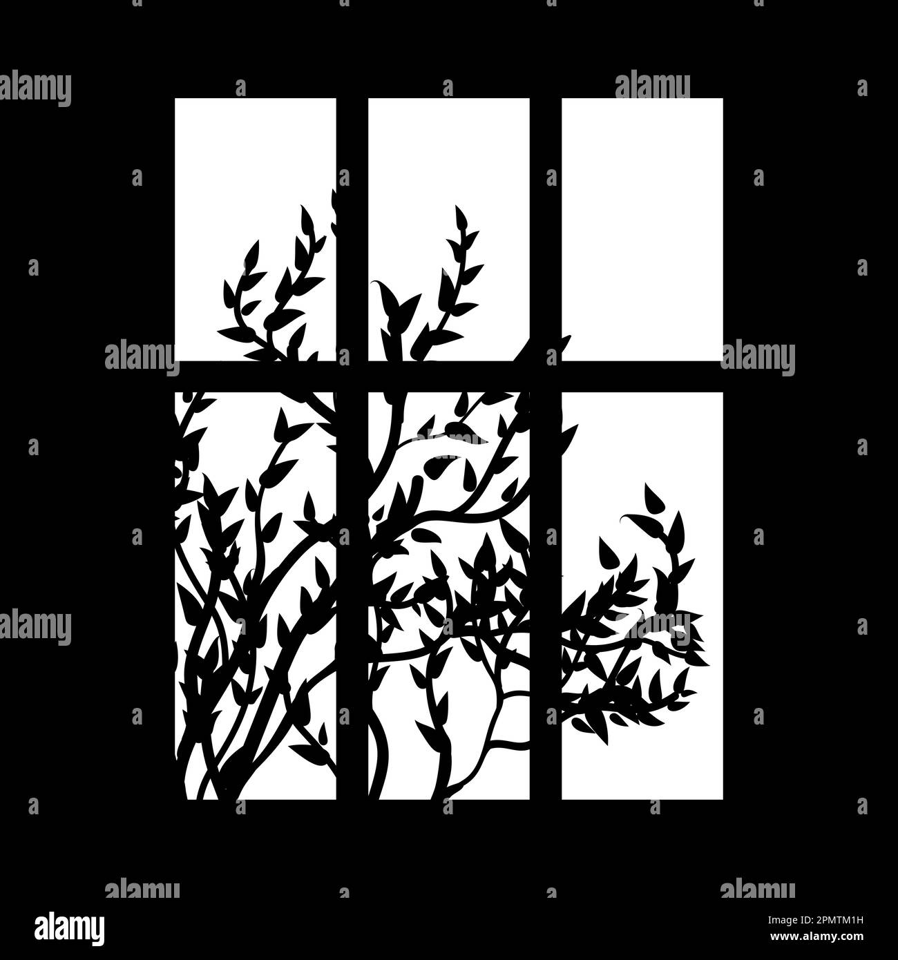 Silhouette of window and brunch of bushes on white. Gobo mask Stock ...