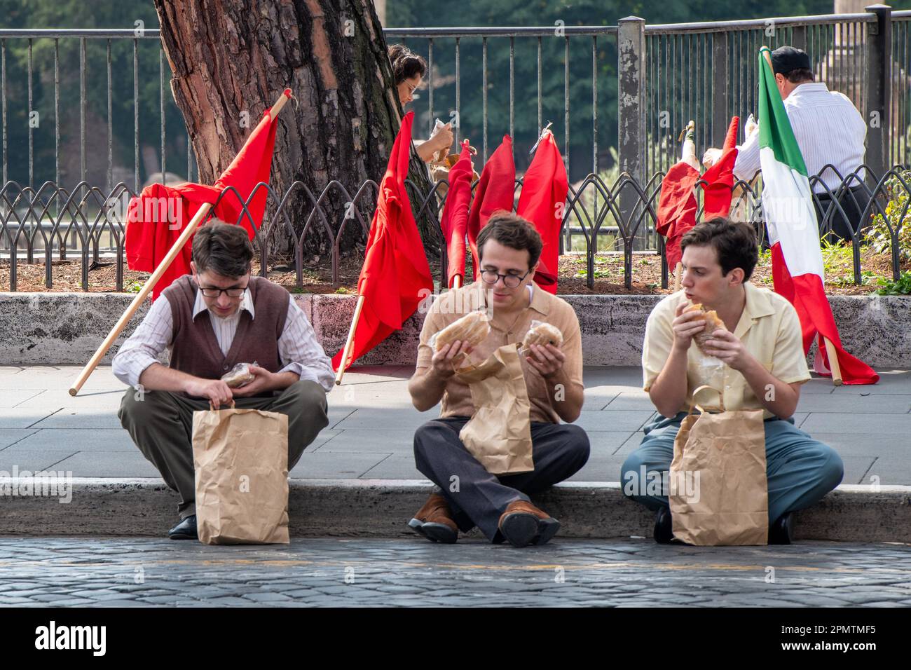 Some actors take a break during the shooting. The new film 'Il sol dell'avvenire' (The sun of the future) by Italian director Nanni Moretti will compete for the Palme d'Or at the 2023 Cannes Film Festival. Set between the 1950s and 1970s in the world of circus and cinema, it will be released in Italian cinemas on 20 April 2023 distributed by 01 Distribution, before moving onto the Croisette in May. The director will turn 70 on August 19, 2023. Stock Photo