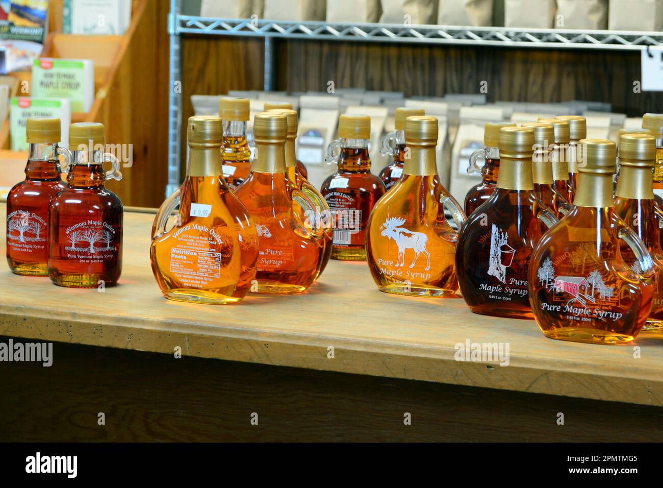 Organic and pure maple syrup, fresh from the makers, if for sale at a general store in Stowe Vermont Stock Photo