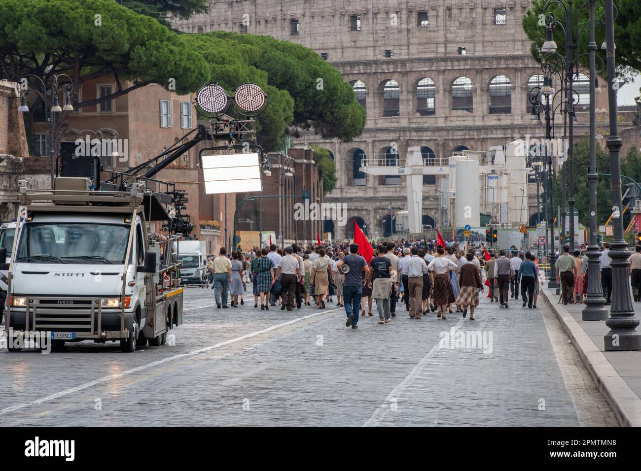 Rome, Italy. 08th Oct, 2022. Actors returning to their starting position before rehearsing the film scene. The new film 'Il sol dell'avvenire' (The sun of the future) by Italian director Nanni Moretti will compete for the Palme d'Or at the 2023 Cannes Film Festival. Set between the 1950s and 1970s in the world of circus and cinema, it will be released in Italian cinemas on 20 April 2023 distributed by 01 Distribution, before moving onto the Croisette in May. The director will turn 70 on August 19, 2023. (Photo by Marcello Valeri/SOPA Images/Sipa USA) Credit: Sipa USA/Alamy Live News Stock Photo
