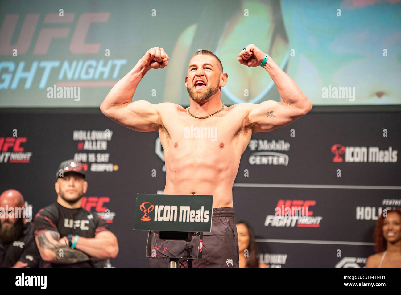 KANSAS CITY, MISSOURI APRIL 14 (LR) Dustin Jacoby and Azamat Murzakanov step on the scales