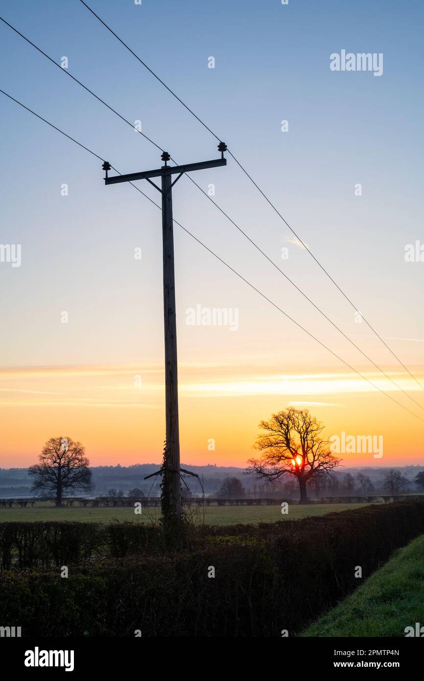 Silhouette telegraph pole at sunrise in the english countryside. Oxfordshire. UK Stock Photo