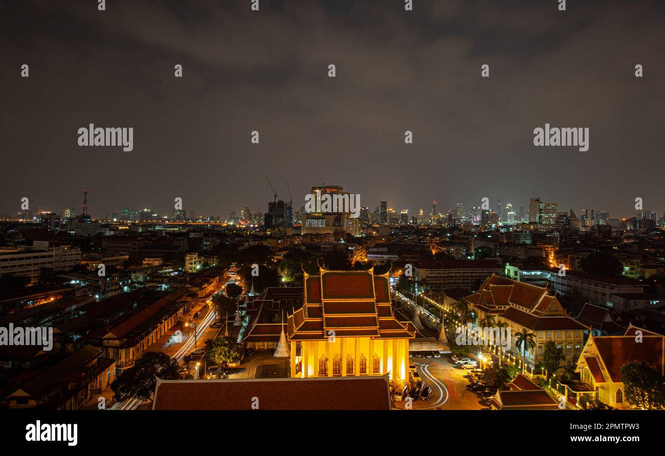 Temples and buildings in Bangkok at twilight beautiful lighting