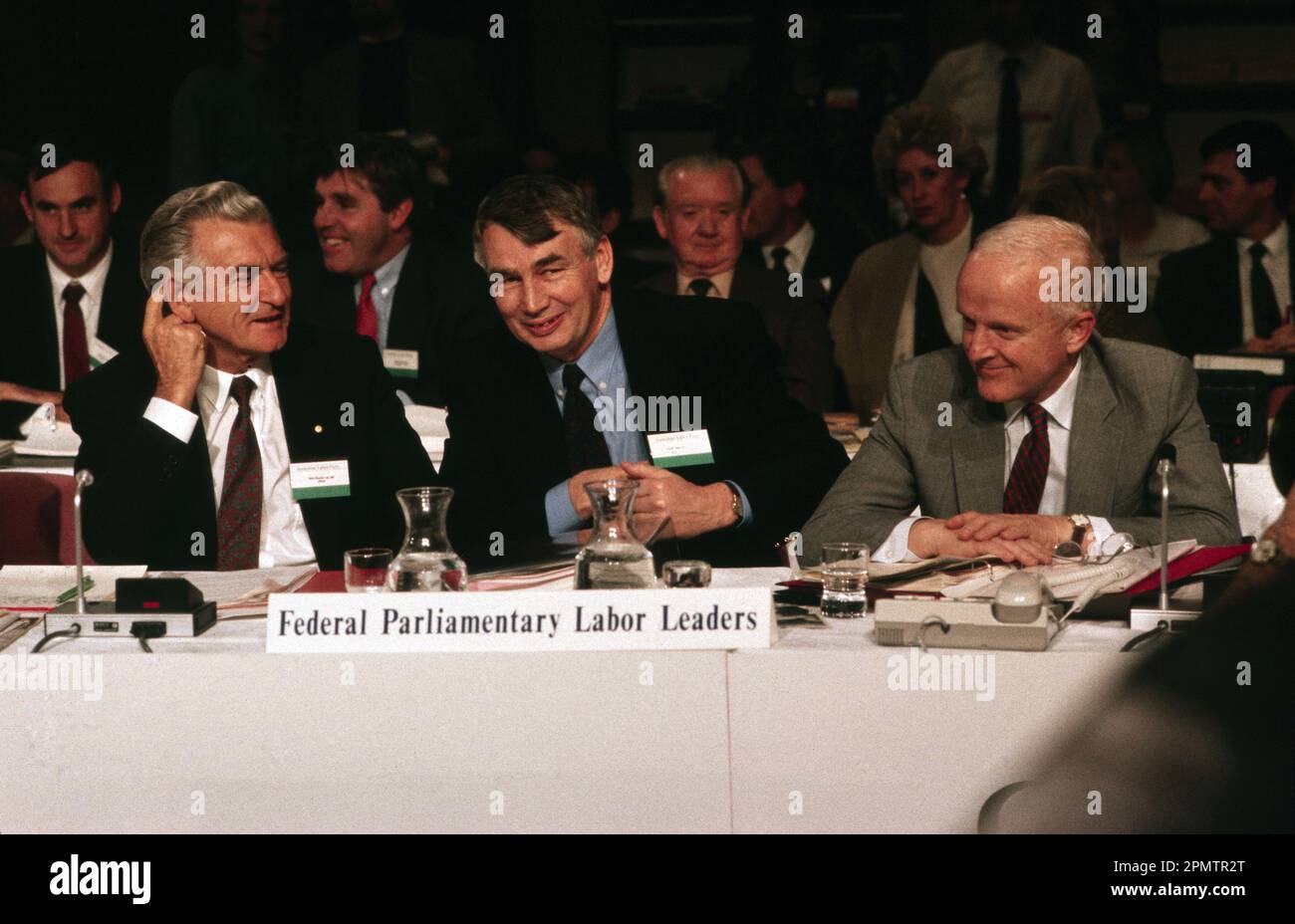 Australian parliamentary Labor leaders, Prime Minister Bob Hawke, deputy PM, Brian Howe and Minister for Commerce and Industry, John Button at the 1991 Australian Labor Party conference at Wrest Point Casino in Hobart, Tasmania Stock Photo