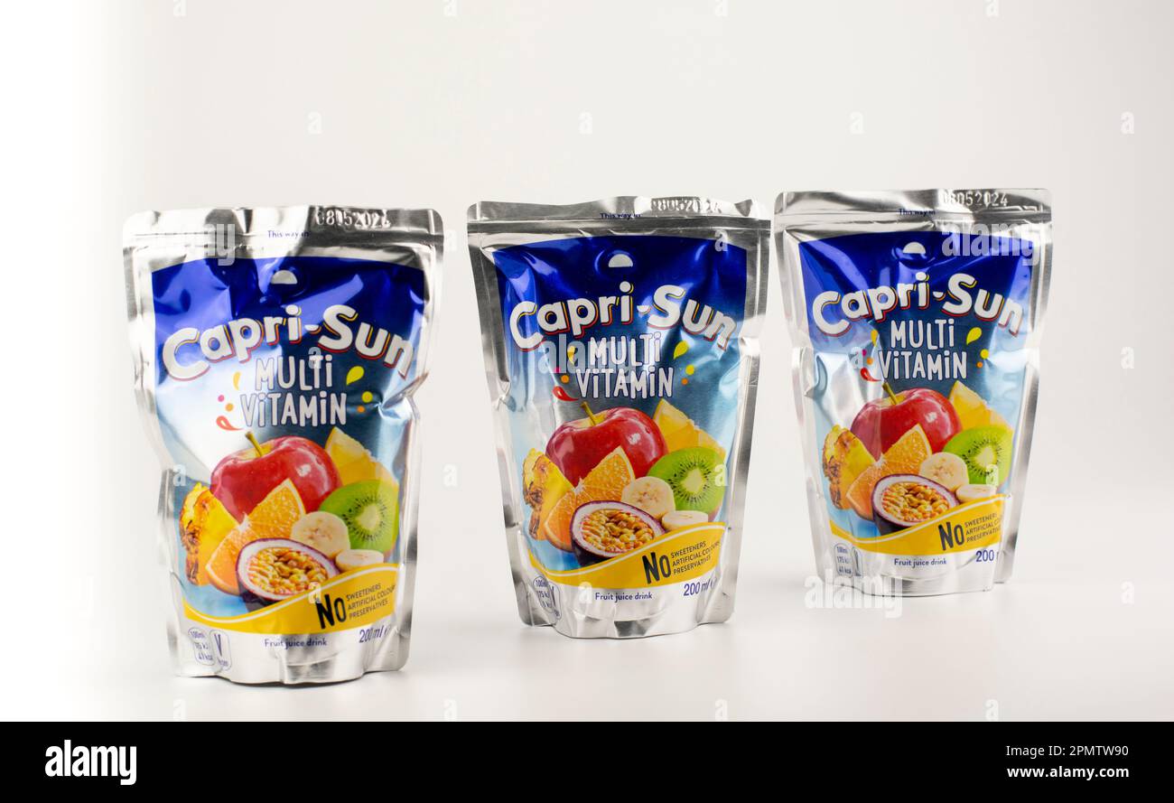 Nova Bana, Slovakia - April, 14, 2023 : Capri-Sun juice concentrate drink isolated on white. Capri sun multi vitamin. Stock Photo