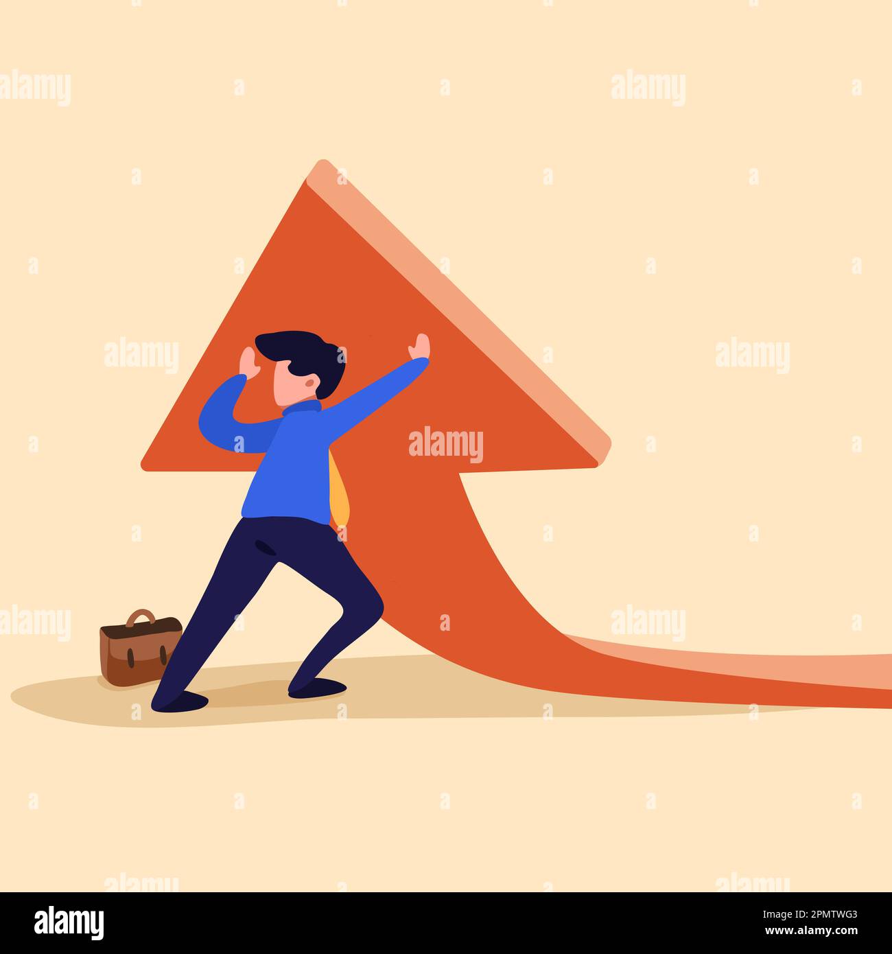 Business concept flat style of worker lifting rising financial arrow graph up. Businessman working hard to change direction of an arrow. Raising up ar Stock Photo