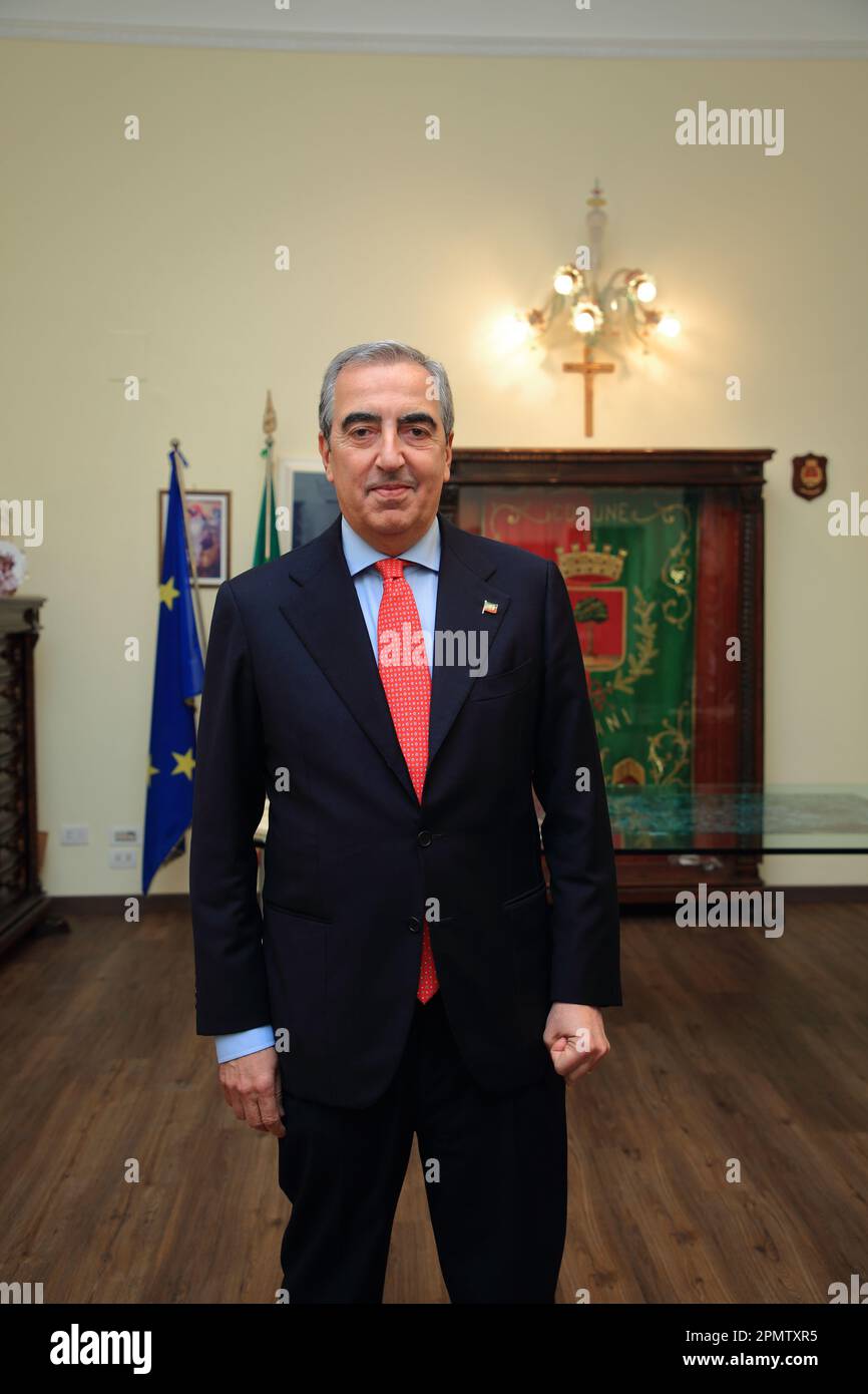 Pagani, Salerno, Italy - April 14, 2023 : Seen the Senator, Maurizio Gasparri, to the Municipality of Pagani to attend the opening of the doors of the Sanctuary of the Madonna delle Galline, an ancient feast held on Sunday after Easter. To welcome him in Pagani on April 14, 2023, the Mayor of the city, Lawyer Raffaele Maria De Prisco. In memory of the feast was offered to the Vice President of the Senate, Maurizio Gasparri, a small statue depicting the image of the Madonna delle Galline, created by the pagan artist, Maestro Alfonso Pepe.In the photo Maurizio Gasparri. (Photo by Pasquale Stock Photo