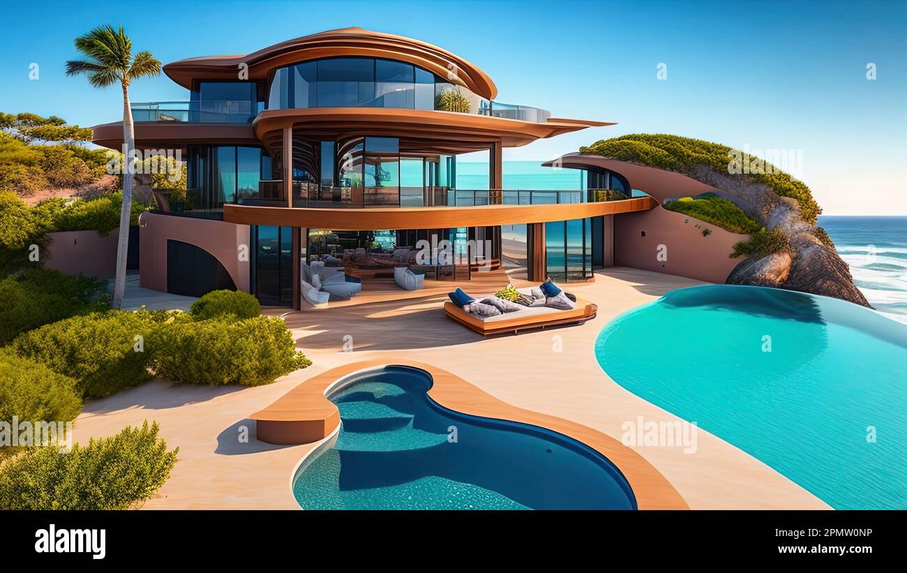 3d rendering of modern cozy house with pool and parking for sale or