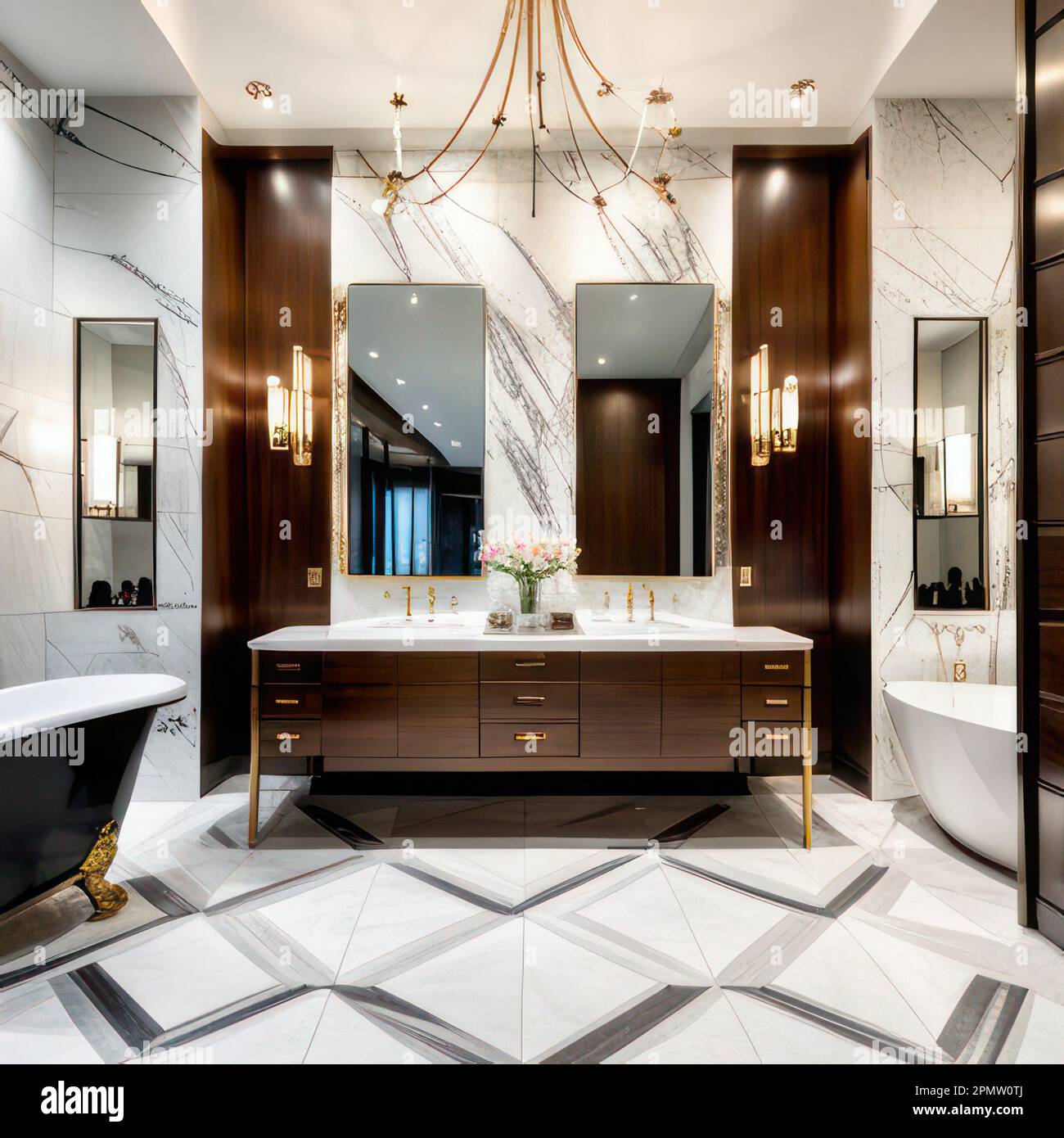 3d render of modern bathroom with black and white marble and wood Stock