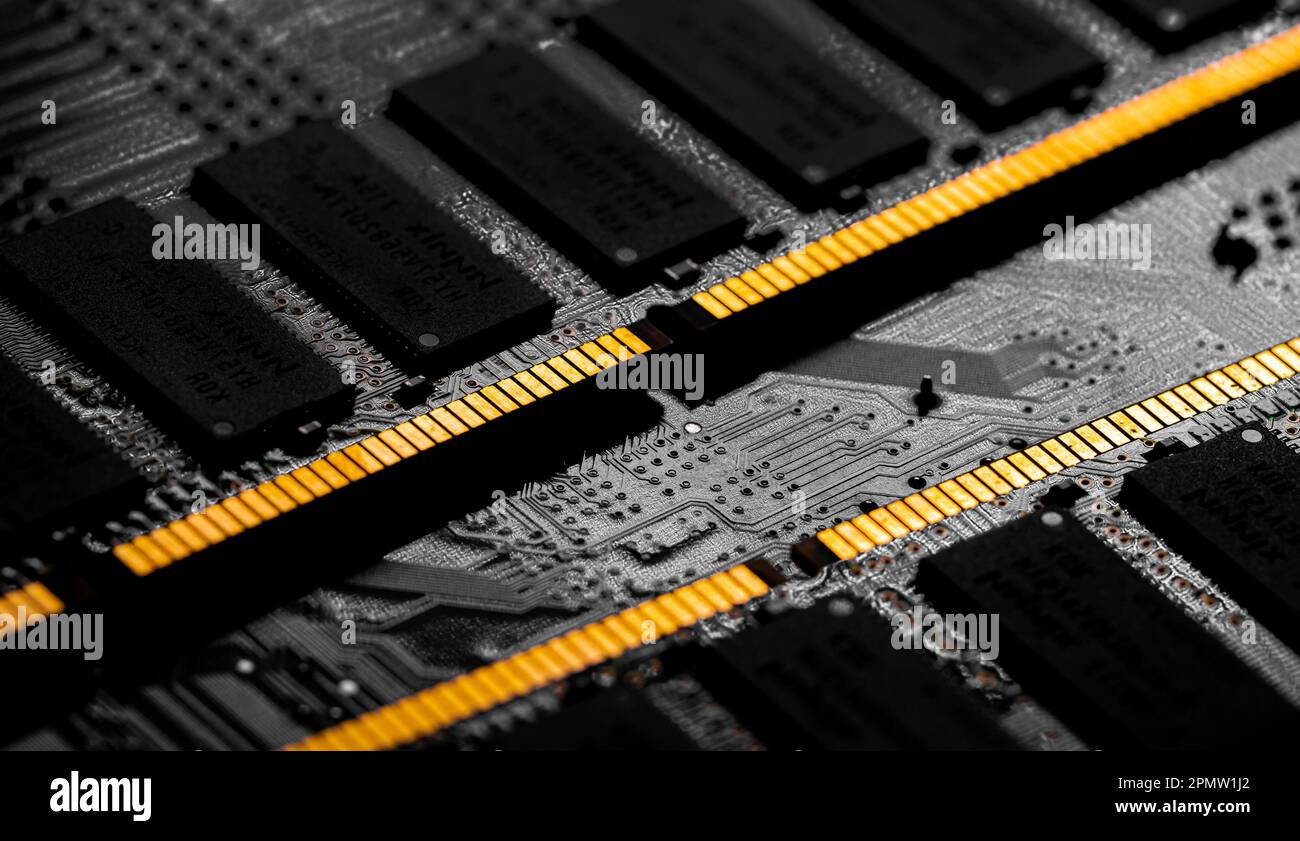 A close-up view of an array of computer memory modules arranged in a ...