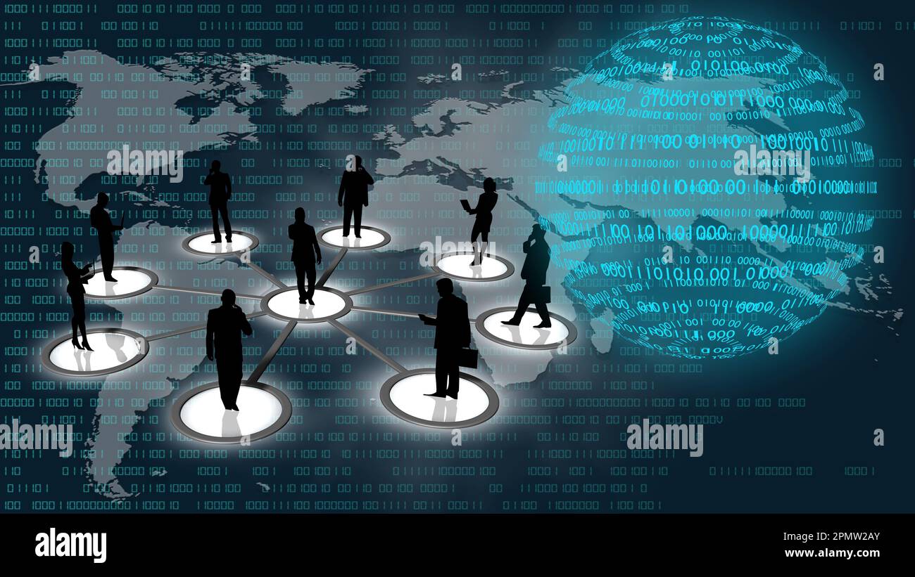 Digital world background. Sequence of zero and one concept of global connection between people, social networks, and infotmatic devices  - 3D Illustra Stock Photo