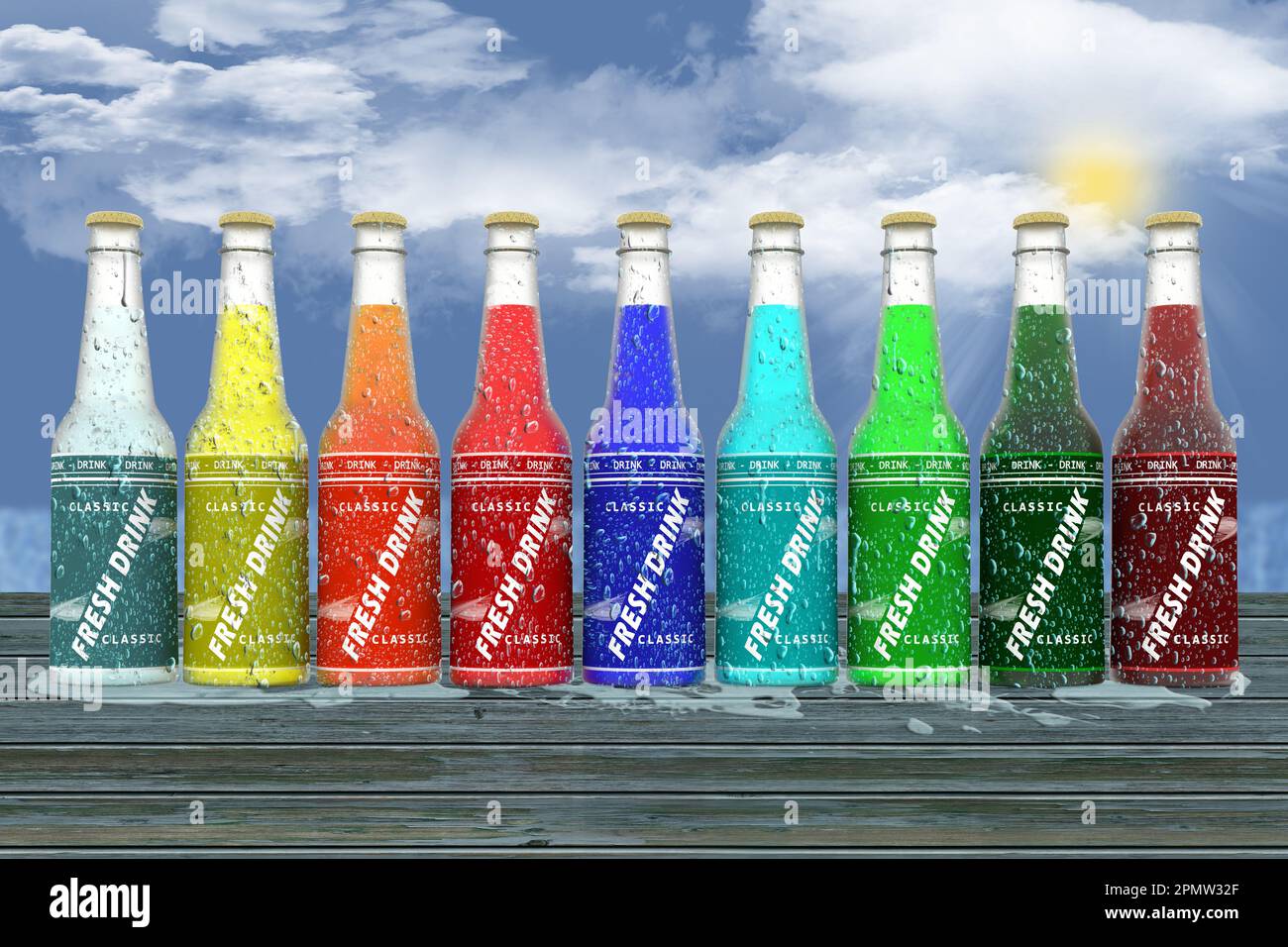 3d illustration. Summer, holidays. Colorful refreshing drink bottles on blue sky background Stock Photo