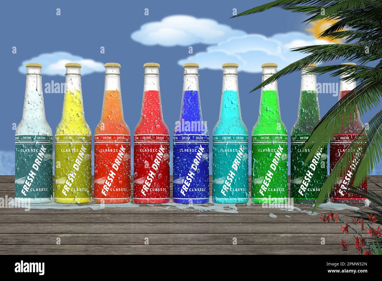 3d illustration. Summer, holidays. Colorful refreshing drink bottles on blue sky background Stock Photo