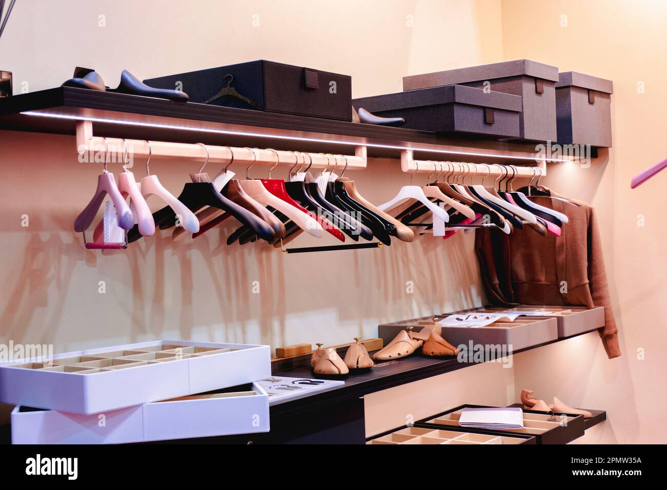 Accessories for storing clothes. Boxes and hangers for clothes Stock