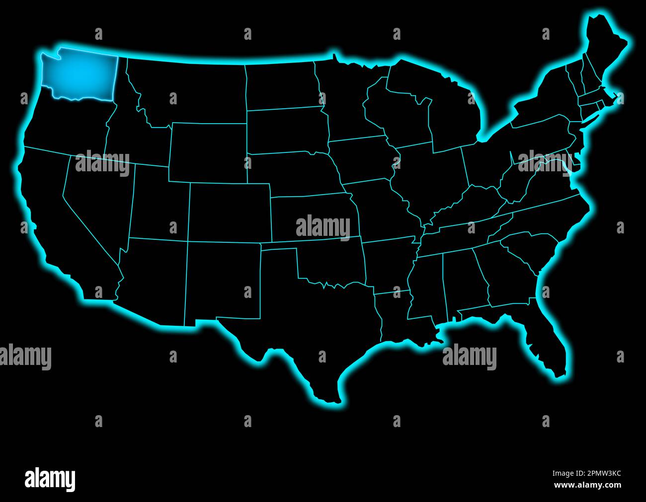 United States of America outline map blue neon outline on a black background Stock Photo