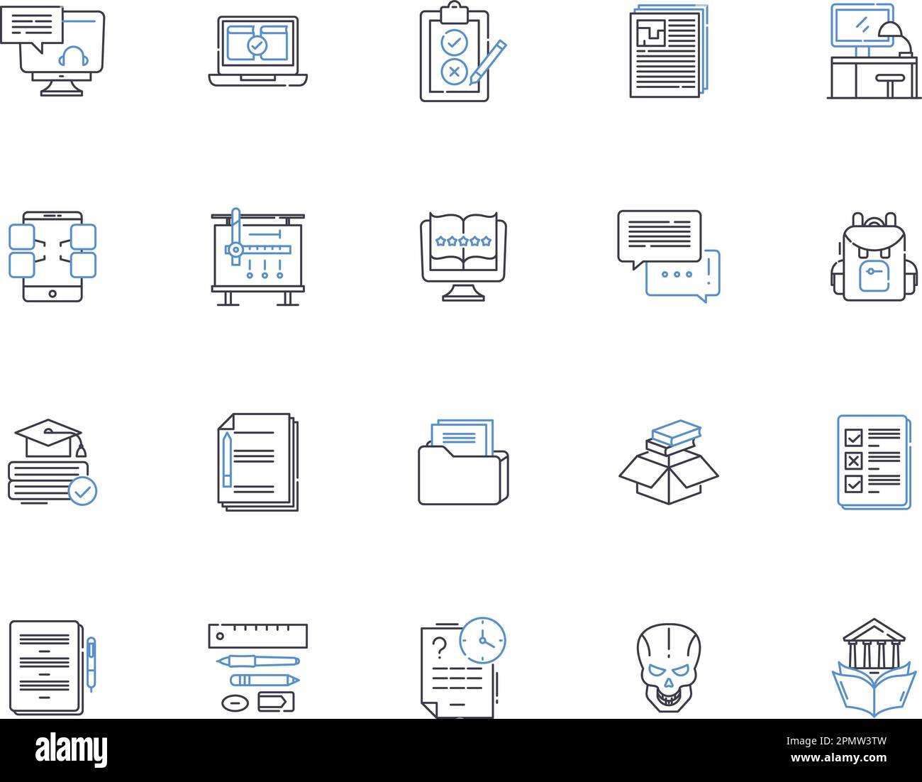 Homework outline icons collection. Exercise, Assignment, Task, Study, Quiz, Projects, Research vector and illustration concept set. Writing, Papers Stock Vector