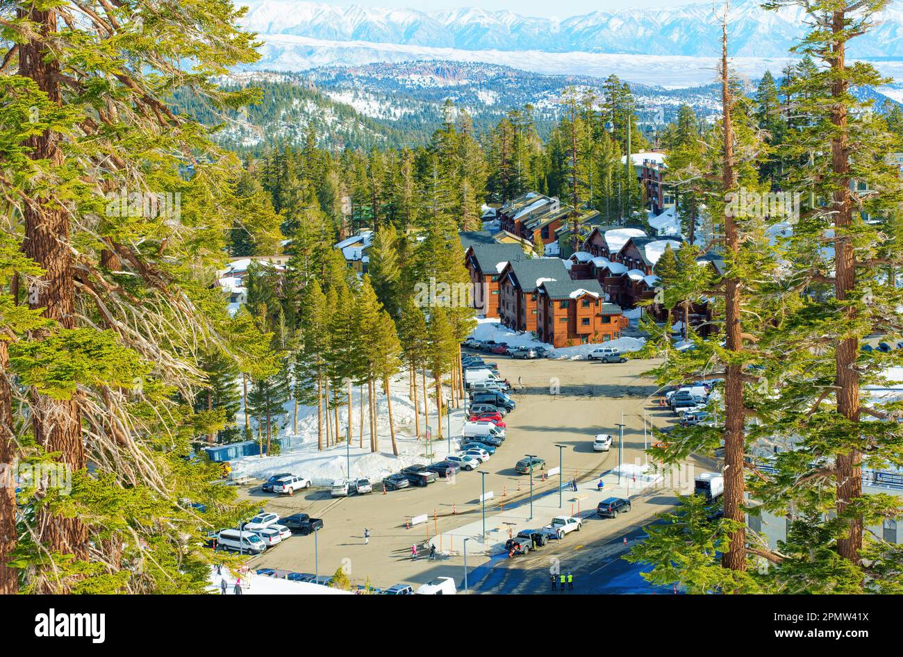 California, USA - December 24, 2022: Mammoth Mountain Ski Resort Village seen from the hill top. Stock Photo