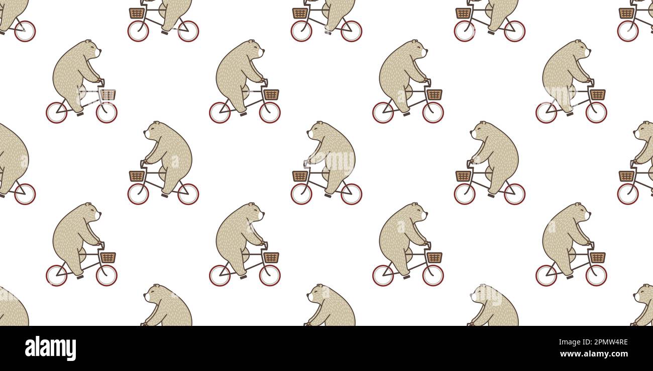 Bear seamless pattern Polar Bear riding bicycle isolated wallpaper background brown Stock Vector
