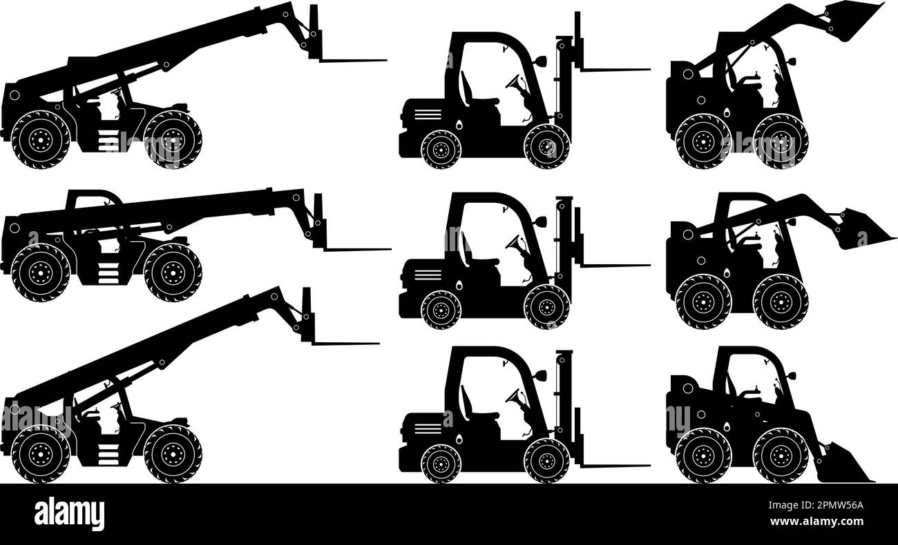 Telescopic handler, Forklift, Skid steer loader silhouette on white background. Construction and agricultural vehicle icons set view from side. Stock Vector