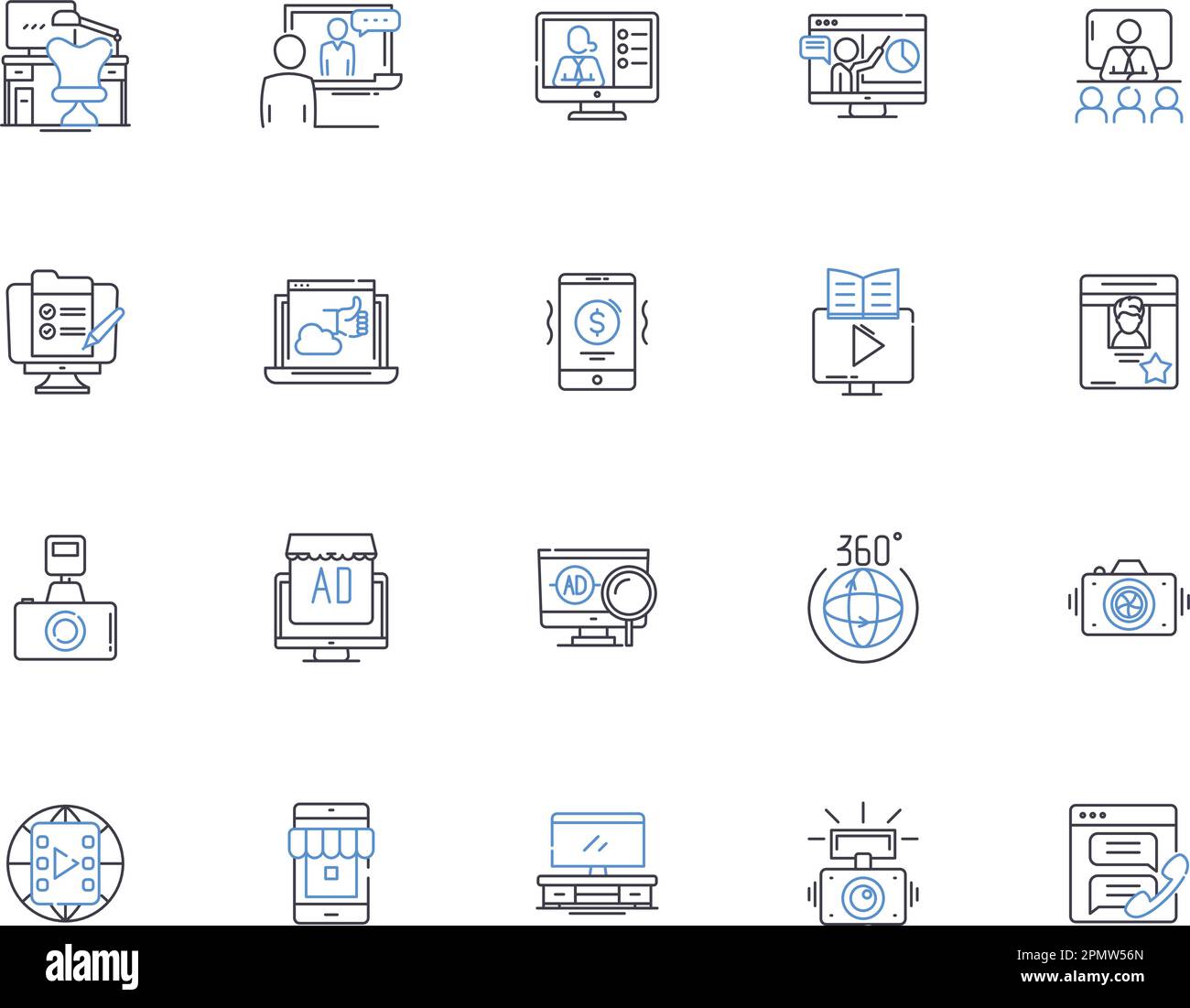 Multimedia outline icons collection. Audio, Video, Graphics, Animation