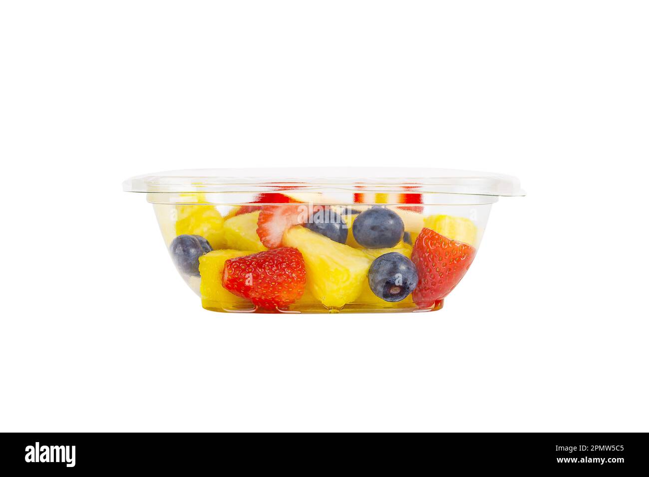 Delicious fruit salad in plastic cup on white background Stock Photo - Alamy