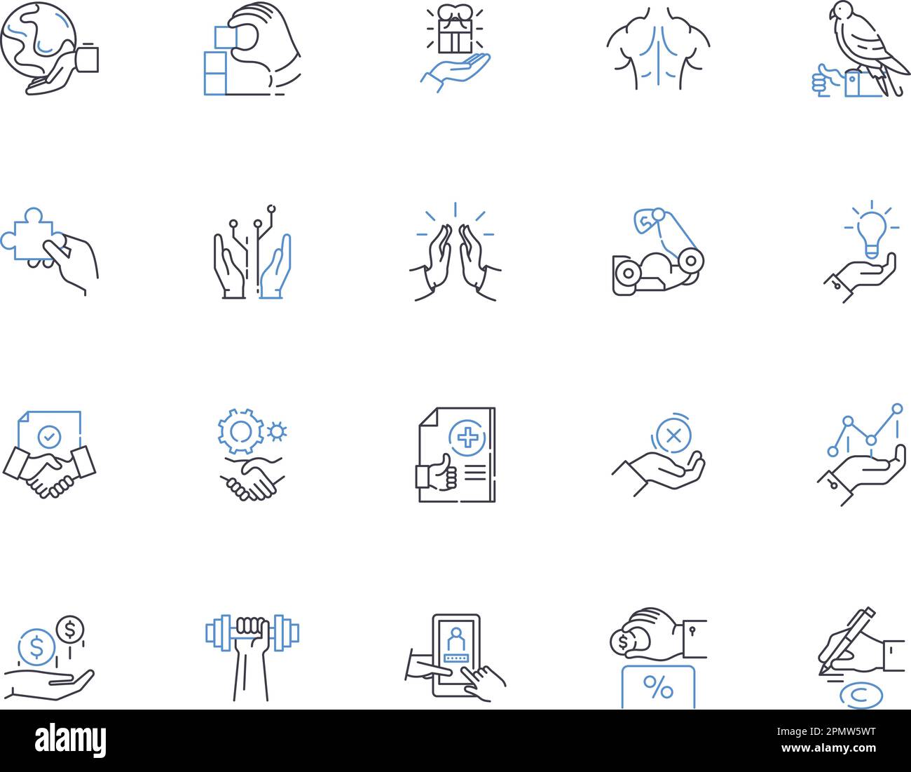 Hand gesture outline icons collection. gesticulating, waving, pointing, beckoning, signaling, clapping, shaking vector and illustration concept set Stock Vector