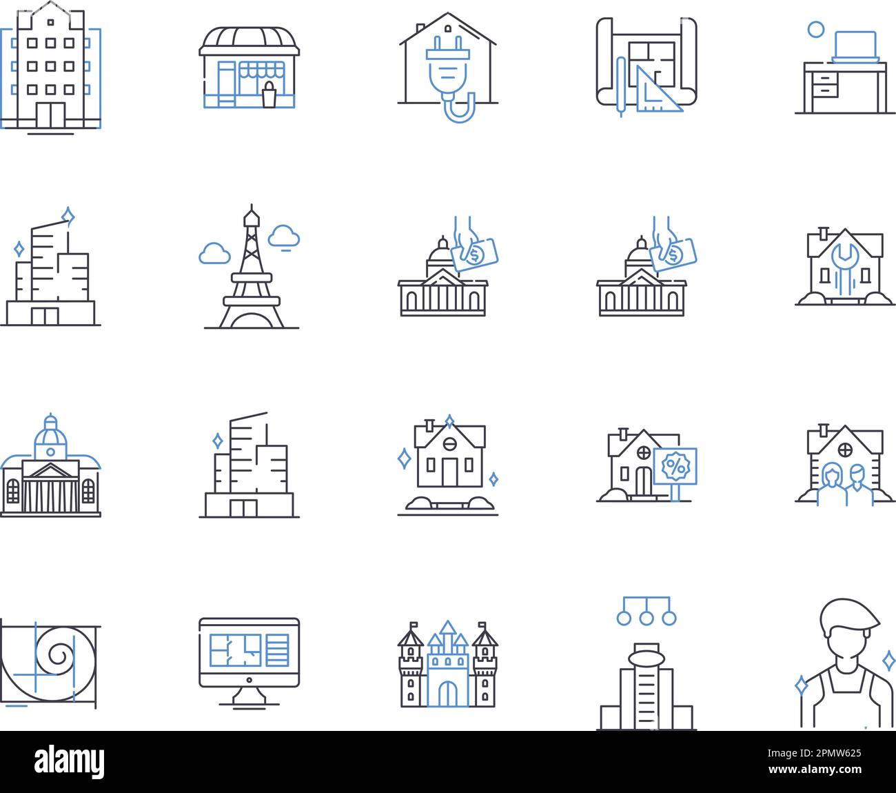 Houses and accomodation outline icons collection. Home, Accommodation, Residence, Abode, Lodging, Domicile, Dwelling vector and illustration concept Stock Vector