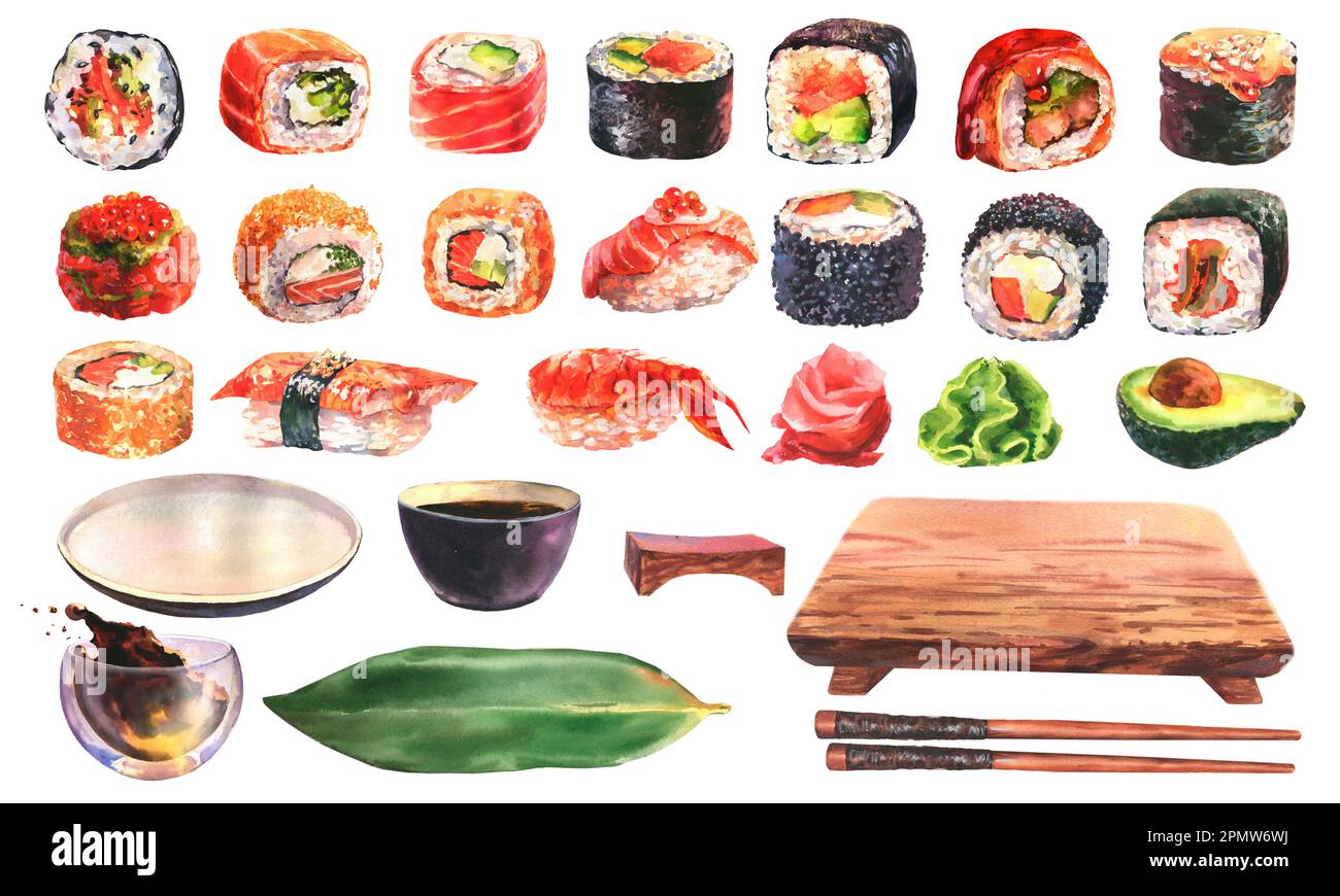 Large set of different types of sushi, sushi dishes, soy sauce, wasabi, ginger, chopsticks. Hand