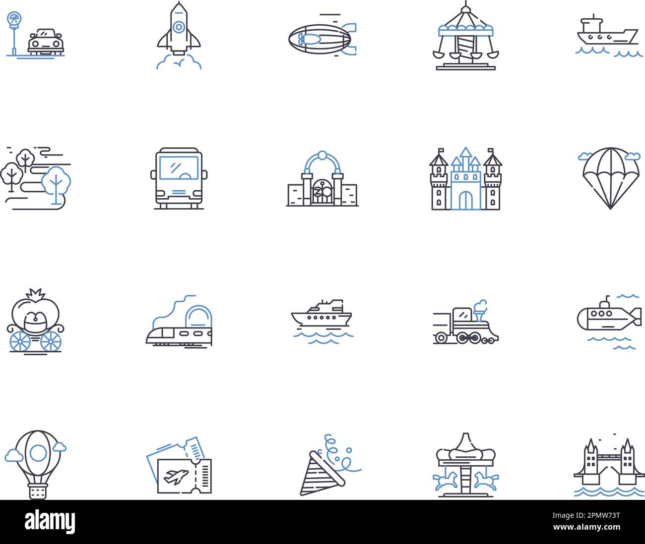 Travel outline icons collection. Trip, Tour, Journey, Voyage, Explore, Vacation, Fly vector and illustration concept set. Adventure, Sightsee, Road Stock Vector