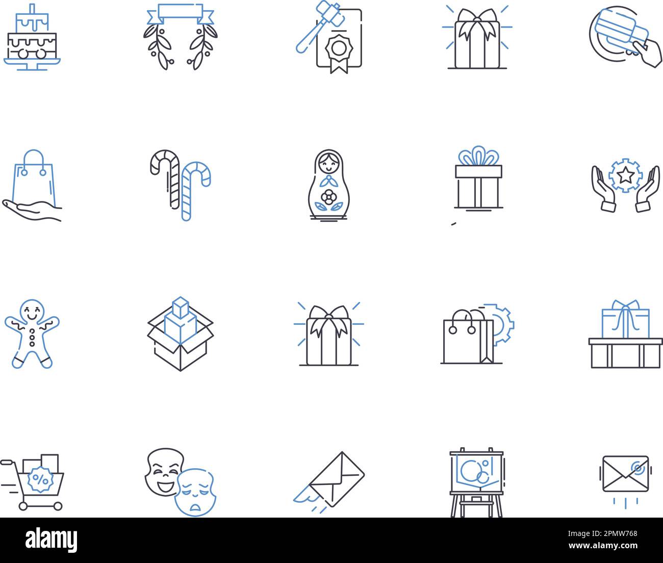 Gifts outline icons collection. Present, Birthday, Souvenir, Keepsake, Offering, Token, Surprise vector and illustration concept set. Trinket, Goody Stock Vector