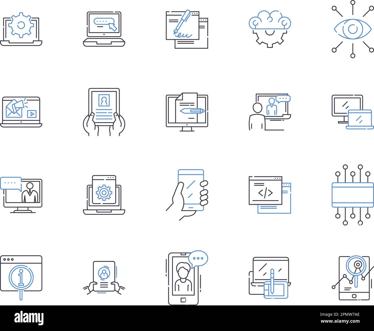 Gadjets and software outline icons collection. Gadgets, Software, Electronics, Technology, Computers, Phones, Tablets vector and illustration concept Stock Vector