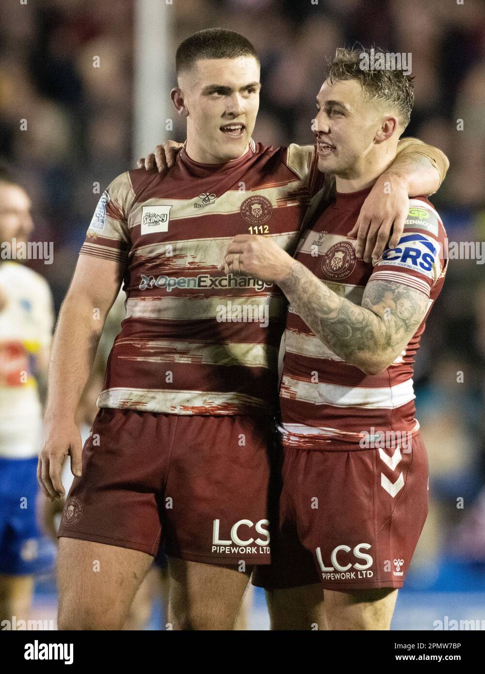 Warrington, Cheshire, England 14th April 2023. Wigan celebrates the full time result, during Warrington Wolves V  Wigan Warriors Rugby League Football Club at the Halliwell Jones Stadium, the Betfred Super League, Warrington (Credit Image: ©Cody Froggatt/Alamy live news) Stock Photo