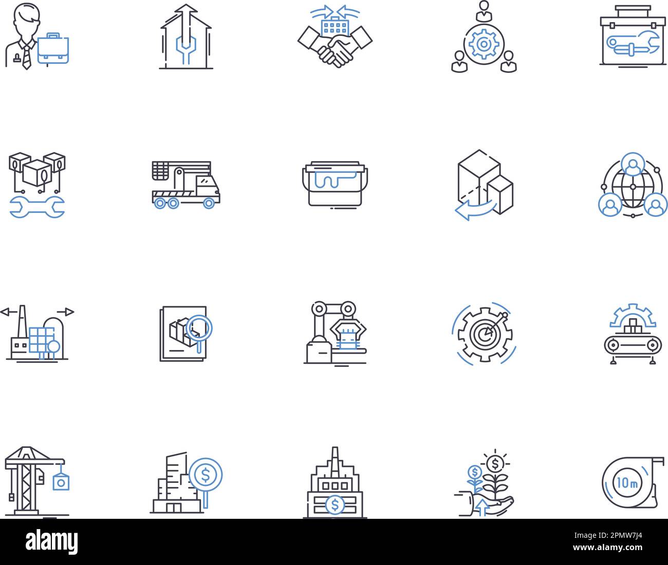 Factory outline icons collection. Factory, Manufacturing, Works, Plant, Warehouse, Manufacturing, Produce vector and illustration concept set Stock Vector