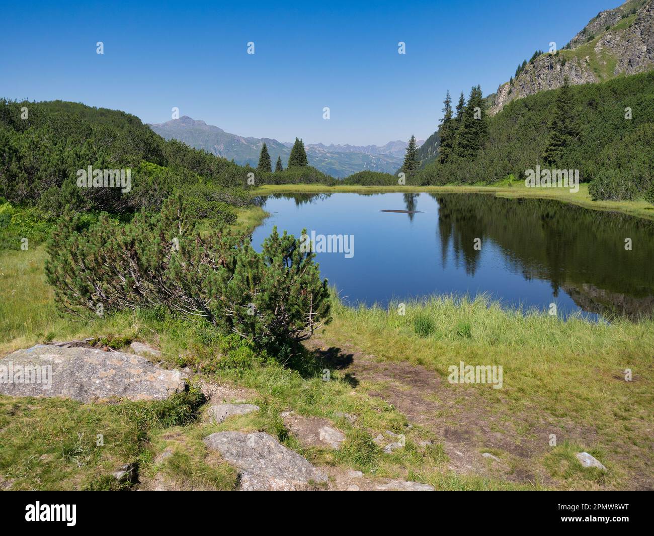 Mountain lake Wiegensee in Gaschurn, Montafon Valley, Vorarlberg, Austria; this lake is distinguished as the most beautiful lake of Austria Stock Photo