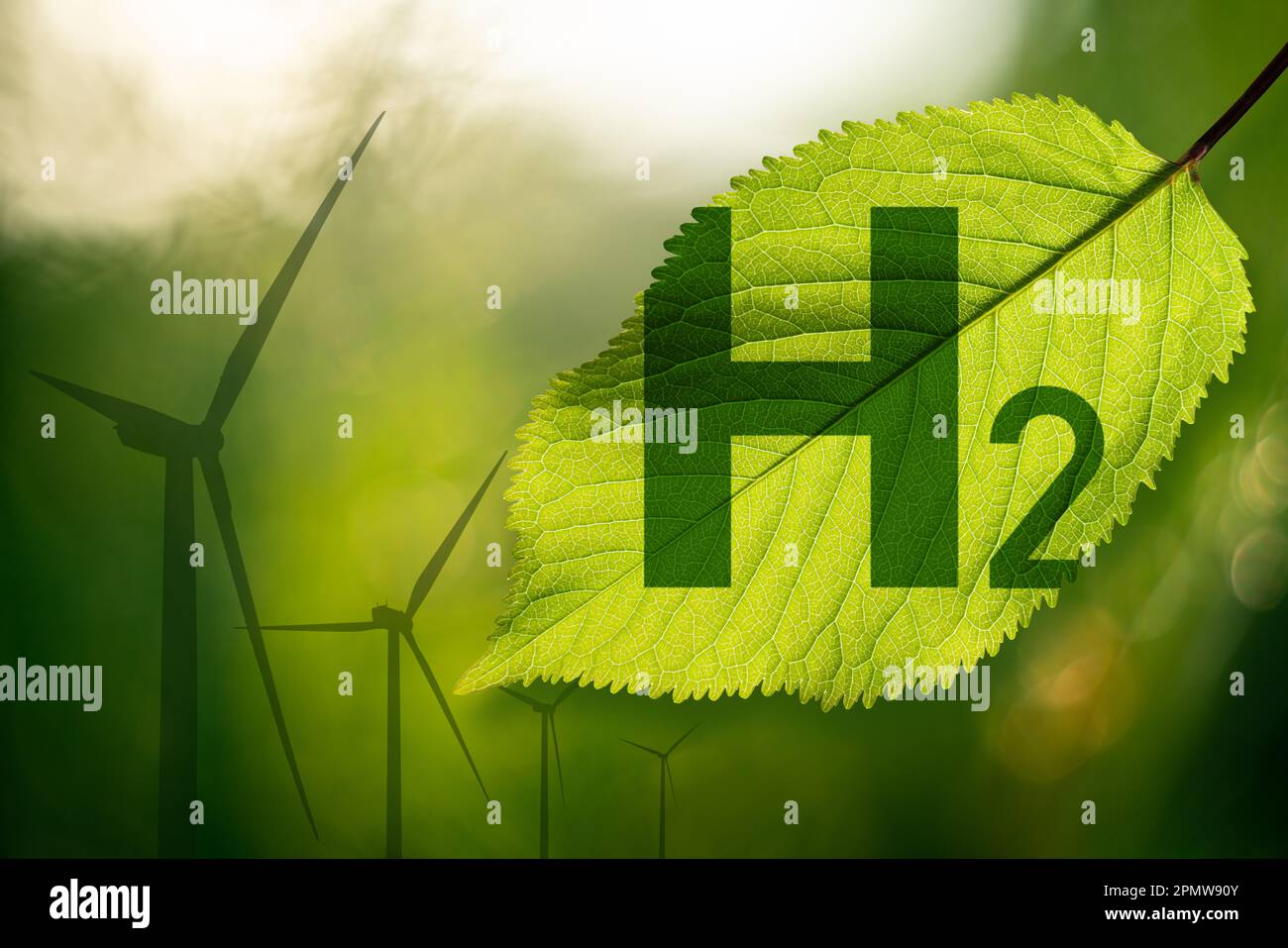 Formula of hydrogen on a green leaf. Wind turbines on a background. Green hydrogen concept. High quality photo Stock Photo