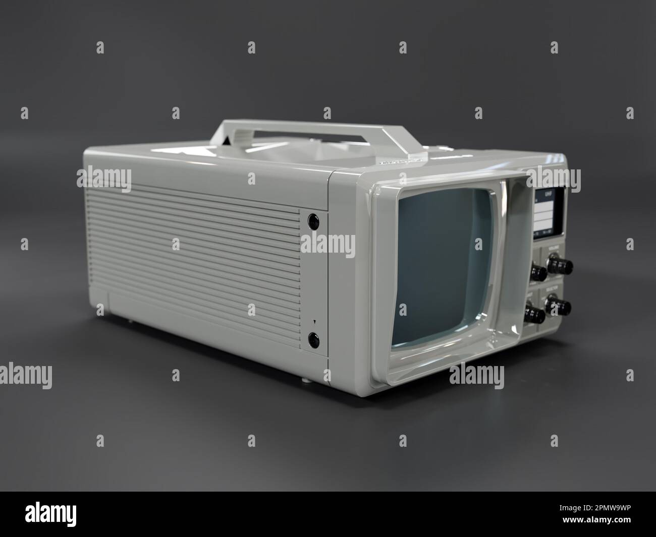 3d rendering of vintage portable analogue TV set on gray background Stock Photo