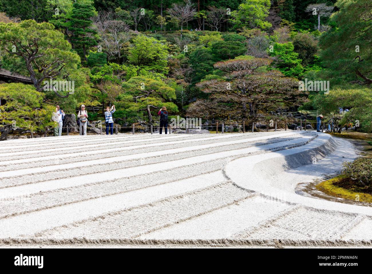 Kyoto Japan April 2023, Ginkaku-ji Silver Pavilion temple sand raked silver sea  zen garden represents the sea, silver sea of sand, Japan,Asia Stock Photo