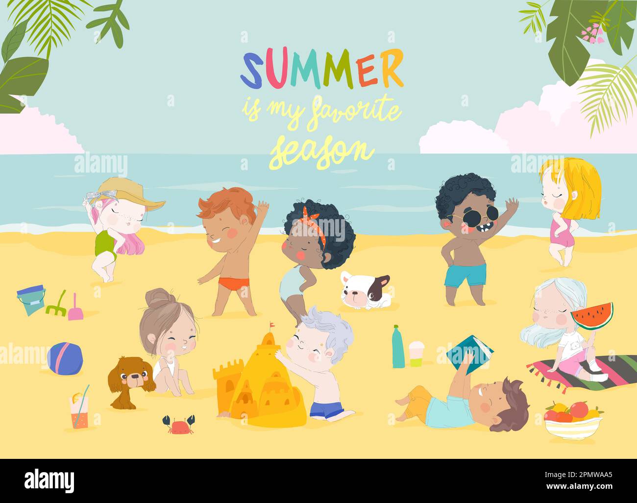 Kids sunbath swimming in the Sea at Summer Children s Camp on Sea Beach Shores Stock Vector