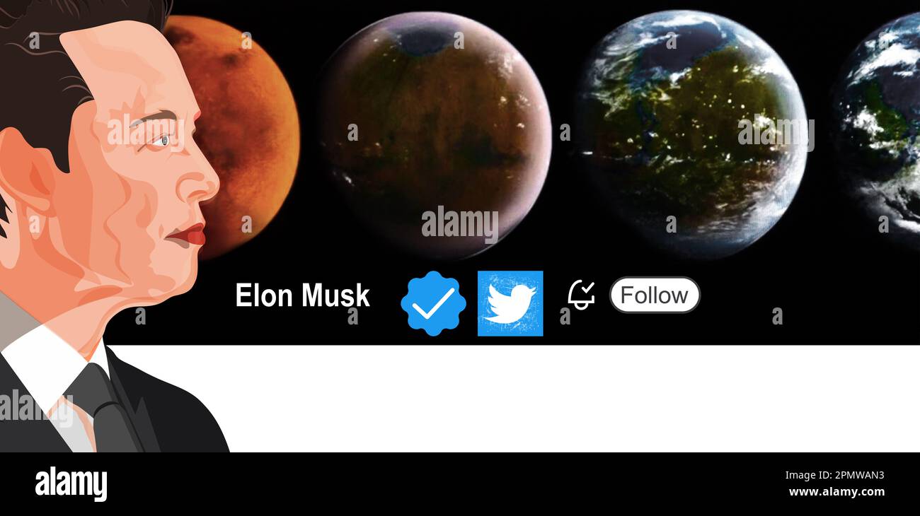 Portrait of Elon Musk and his Twitter profile.Portrait of Elon Musk is