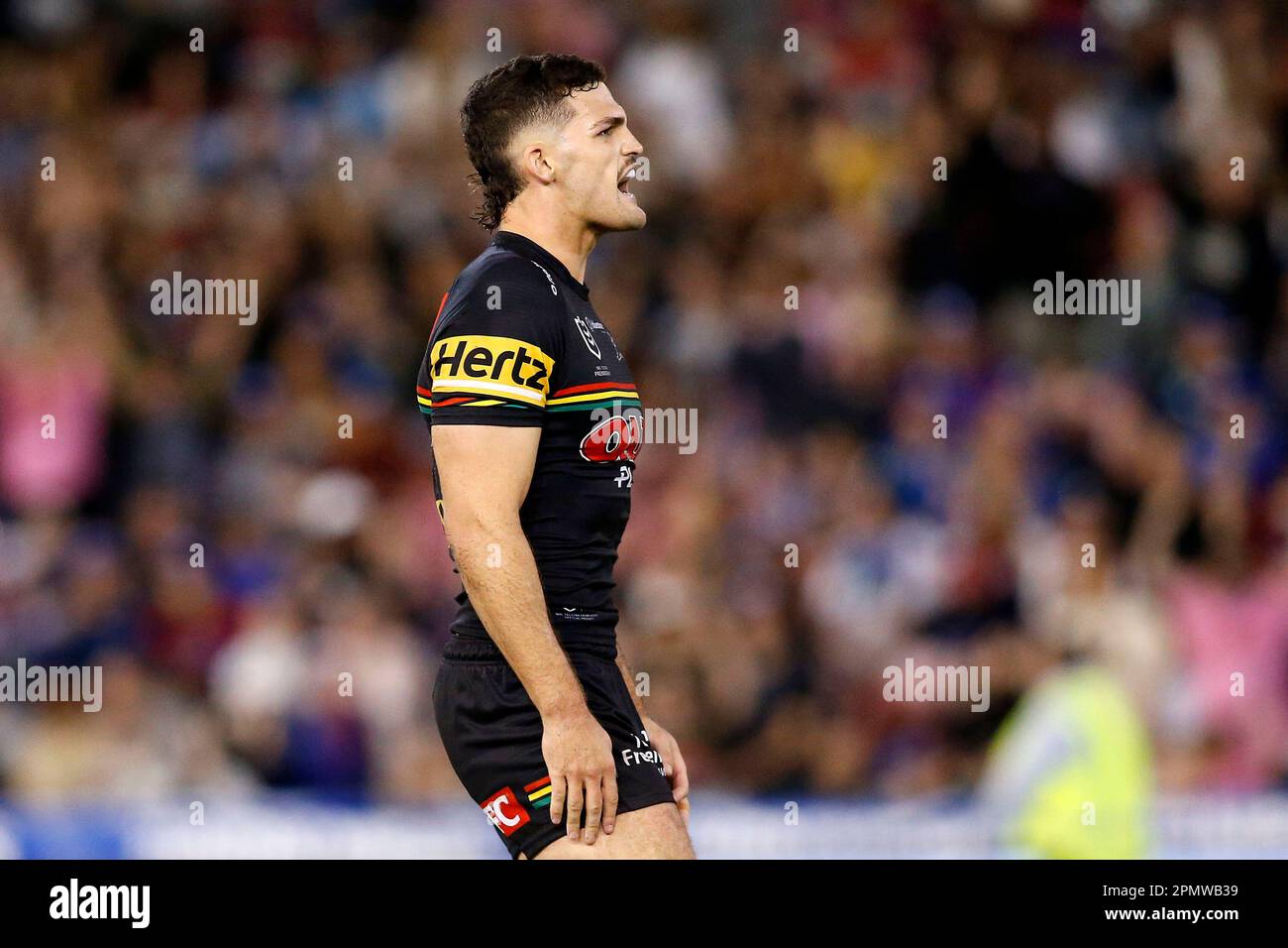 Nathan Cleary of the Panthers kicks a field goal to win the match during the NRL Round 7 match
