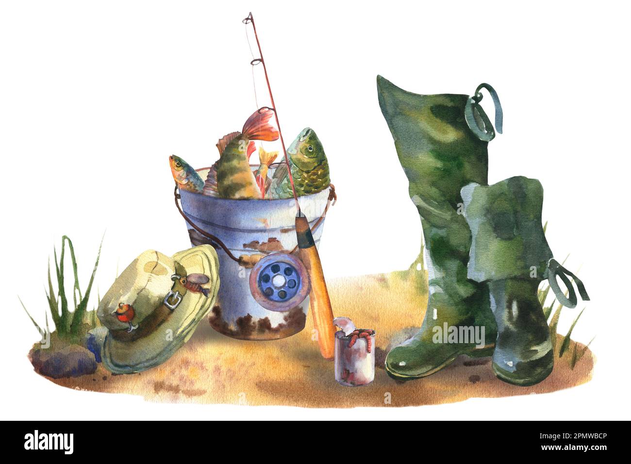 Watercolor hand drawing illustration iron rustic bucket with fish, fishing rod, reel, wading rubber boots, tin can with worms located on the sand with Stock Photo