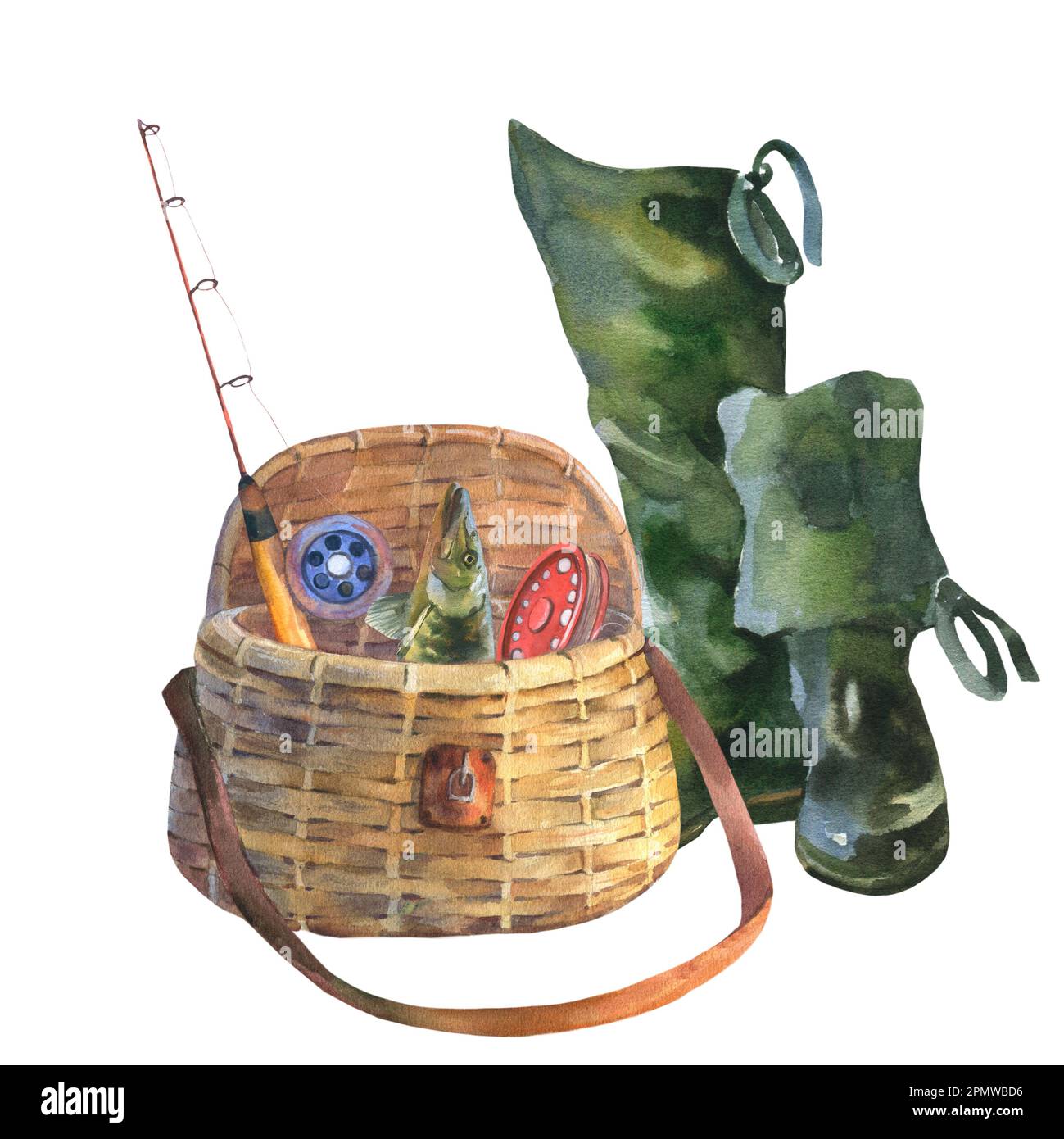 Watercolor illustration of elements of equipment for fishing. Creel, vest,  hat, bag, rubber boots, folding chair, flashlight. Vintage fishing Stock  Photo - Alamy