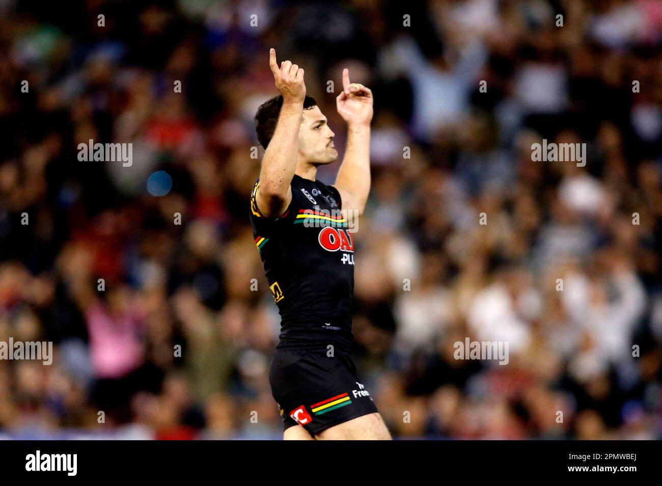 Nathan Cleary of the Panthers kicks a field goal to win the match during the NRL Round 7 match