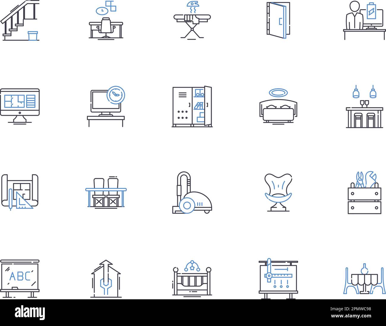 Furniture outline icons collection. Couch, Chair, Table, Desk, Bed, Bookcase, Dresser vector and illustration concept set. Ottoman, Sofa, Shelves Stock Vector