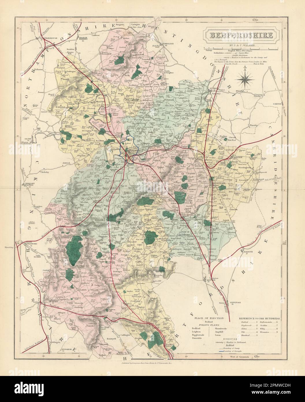Bedfordshire antique county map by J & C Walker. Railways & boroughs